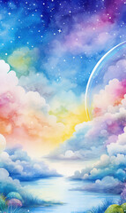 Dreamy watercolor Sky Background with Clouds, Stars, and Rainbow Light Effects