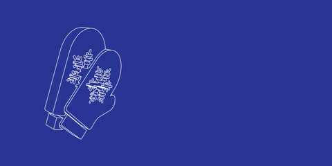Obraz premium The outline of a large mittens symbol made of white lines on the left. 3D view of the object in perspective. Vector illustration on indigo background