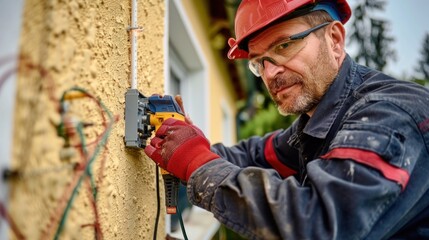 Electrician working on an outdoor electrical outlet