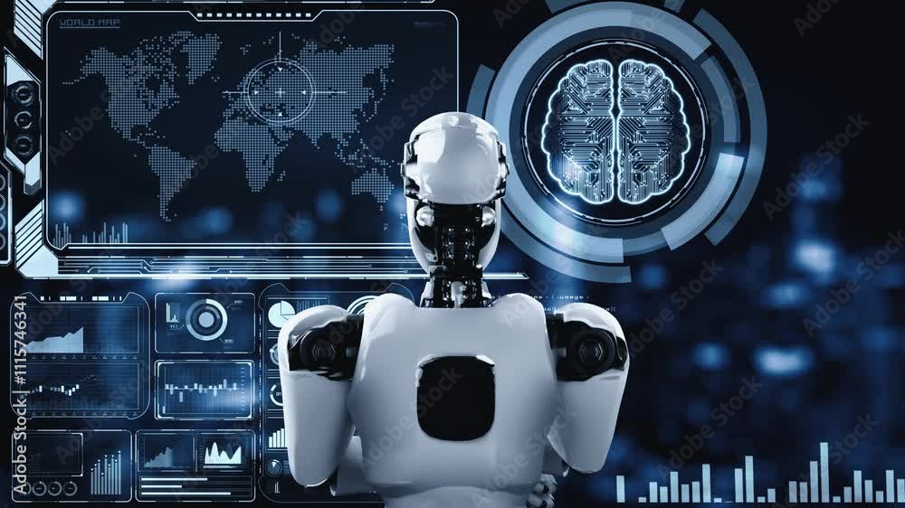 Poster thinking ai hominoid robot analyzing hologram screen showing concept big data analytic using artific
