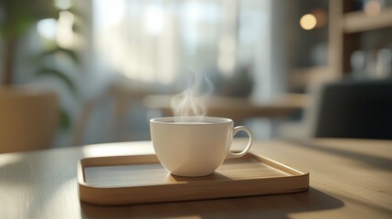 A steaming white coffee cup on a wooden tray in focus with a blurred view of a cozy cafe interior in the background soft morning light
