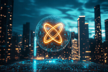 glowing atomic symbol is superimposed on futuristic cityscape at night, with vibrant neon lights and digital grid foreground, evoking innovation and advanced technology