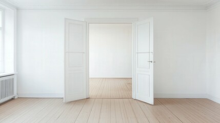 Fototapeta premium opened white double doors leading to a blank space minimalistic interior design concept with clean lines