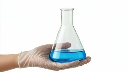scientist holding a glass flask with a blue liquid gloved hand isolated on a white background laboratory theme