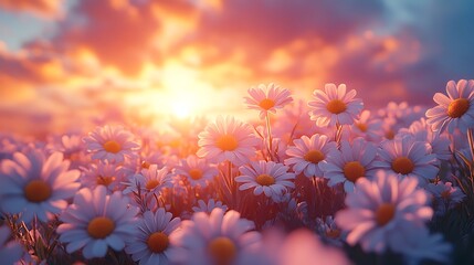 Daisy field glows softly under vibrant sky during golden sunset picture