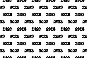 Seamless pattern completely filled with outlines of 2023 year symbols. Elements are evenly spaced. Illustration on transparent background