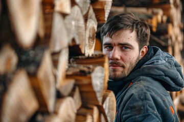 Obraz premium Generative AI image of a handsome virile bearded woodcutter at work in a traditional woodworking workshop