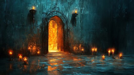 Naklejka premium Enchanting doorway lit candles revealing magical atmosphere night photography image