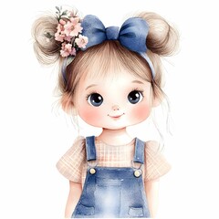 Cute watercolor girl with bow clipart