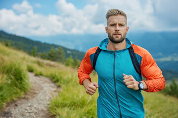 Fototapeta premium focused athlete running on winding mountain trail, surrounded by lush greenery and scenic cloudy sky, showcasing determination and fitness in nature