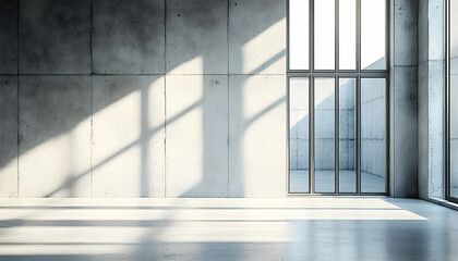 Obraz premium Sunlit minimalist concrete room interior with large windows.