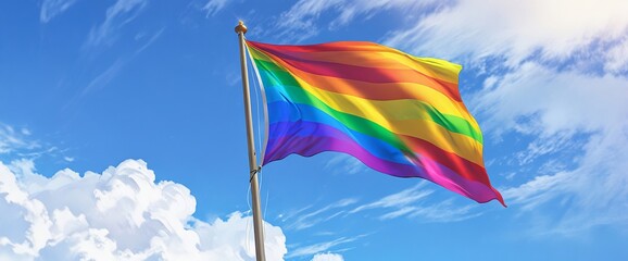 A rainbow flag billowing in the wind, representing the LGBTQ+ rights movement. Created with Generative AI Technology