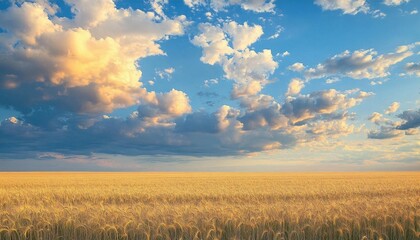 Obraz premium A serene landscape of golden wheat fields under a vibrant sky.