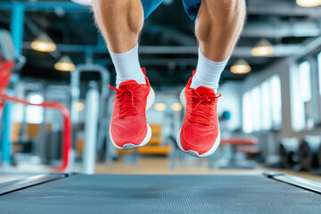 Dynamic shot of person mid jump during plyometric workout on treadmill in modern gym, showcasing red athletic shoes and active movement