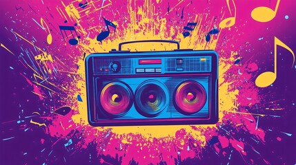 Fototapeta premium Retro boombox design with vibrant colors and musical notes in a lively setting