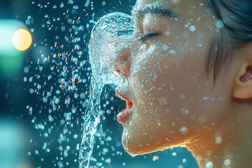 Fototapeta premium person splashes water on their face during intense workout, with water droplets captured mid air, creating refreshing and dynamic scene