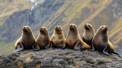 Fototapeta premium A group of six seals sit on a rocky outcrop, gazing out at the ocean.