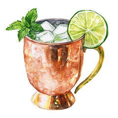 Watercolor Clipart of Moscow Mule isolated on white & transparent a background.