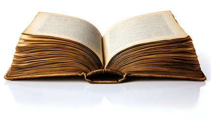 Open antique book with aged pages and leather cover on white background.