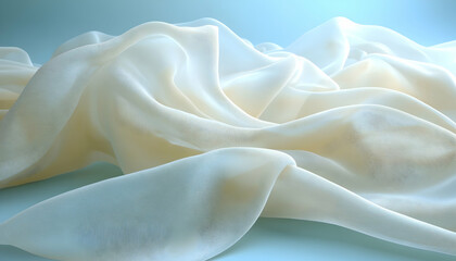 Obraz premium Draped cream-colored fabric with soft folds and texture against a light blue background.