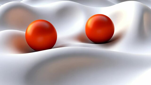 Two orange spheres resting on a white, undulating fabric surface with soft folds and creases