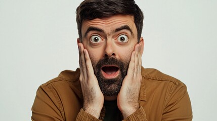 Man displays surprise with wide eyes and open hands showing his astonishment in a neutral background