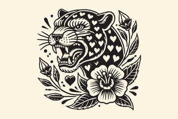 Roaring panther with heart pattern and floral decoration in black ink