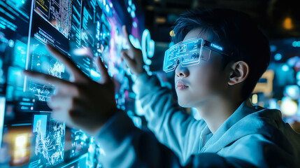 Obraz premium A kid girl learns online using futuristic technology. The concept of the integration of advanced digital tools in education, and learning experiences for the future generation. Generative AI.