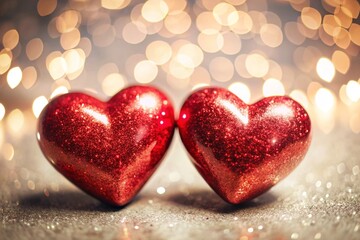 Fototapeta premium A banner for Valentine's Day. A red heart with festive lights on the sides in the background. A mock-up of an invitation card for a Valentine's Day party, a place to copy.