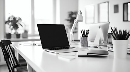 Fototapeta premium A minimalist home office workspace with a laptop, plants, and a wireless mouse.