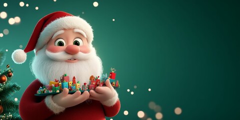 Fototapeta premium A Santa Claus holding toys in his hands, set against a green background and small Christmas decorations