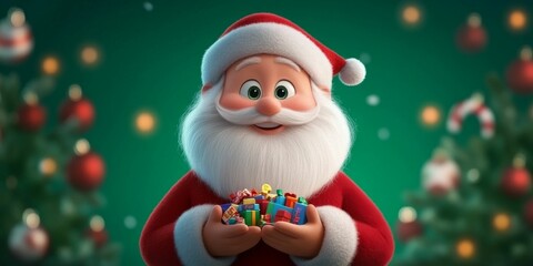 Fototapeta premium A Santa Claus holding toys in his hands, set against a green background and small Christmas decorations