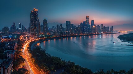 Fototapeta premium A panoramic view of the city skyline at night, showcasing its modern architecture and vibrant lights. Aerial high view.