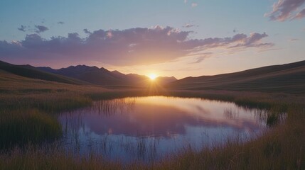 Fototapeta premium A serene sunset over a still pond in a grassy meadow with a mountain range in the background.