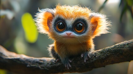 Fototapeta premium Cute creature sitting on a branch with large eyes in a lush forest setting
