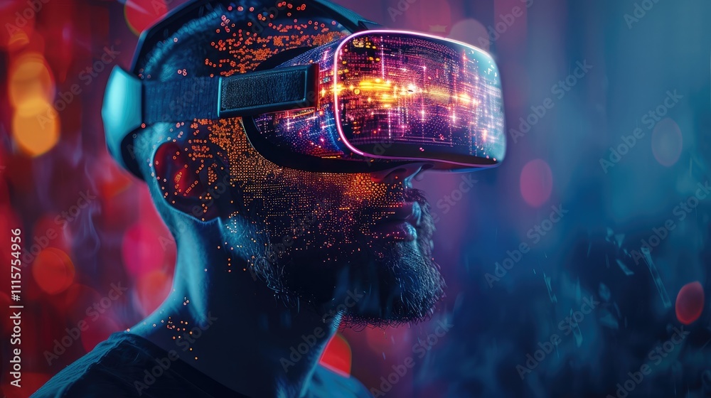 Poster A man wearing a virtual reality headset, immersed in a digital environment with colorful glitch effects.