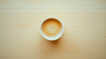 Obraz premium Overhead View of a Creamy Coffee Drink in a Disposable Cup on a Light Wooden Surface