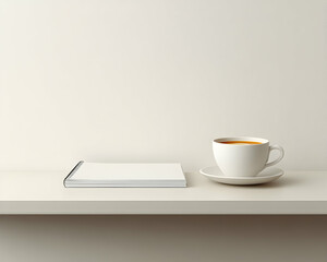 White book and coffee cup on shelf.