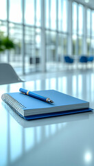 Blue notebook and pen on a modern office desk.
