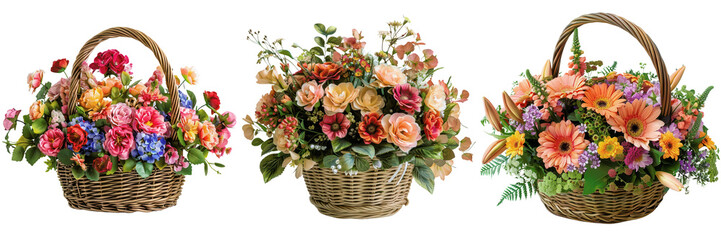 Three beautifully arranged flower baskets filled with vibrant blossoms and greenery.