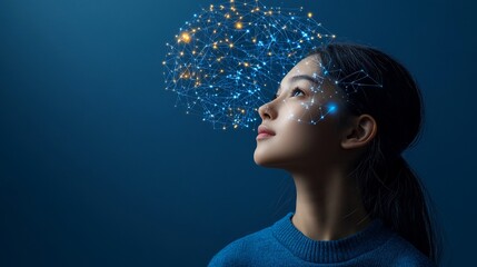 Fototapeta premium Thoughtful young woman with digital brain network overlay.