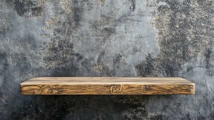 Wooden shelf at wall of stone or marble surface background tile texture.
