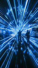 A photograph of an exploding blue light sculpture with beams spreading out in the dark night sky