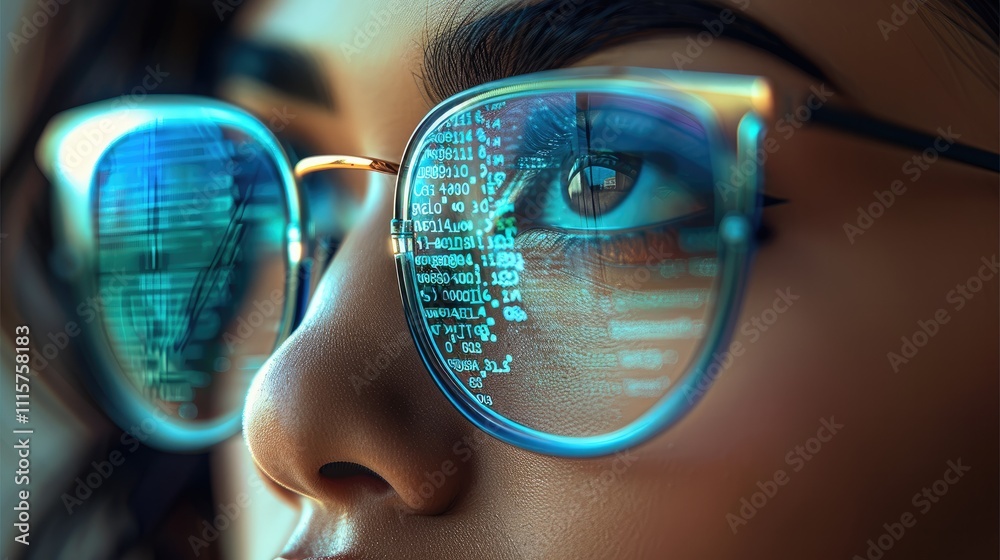 Aufkleber A close-up of a women face wearing modern glasses, the reflection of a computer screen with glowing blue-green code visible on the lenses, designed to represent technology and cybersecurity.