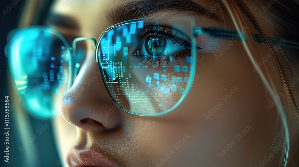 Poster a close-up of a women face wearing modern glasses, the reflection of a computer screen with glowing 