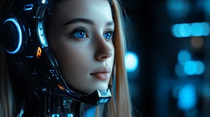 Close-up of a young woman with cybernetic headpiece, intense, futuristic, and thoughtful expression.