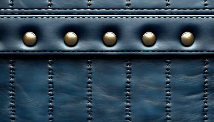 Obraz premium Close-up of dark blue leather texture with stitching and rivets.