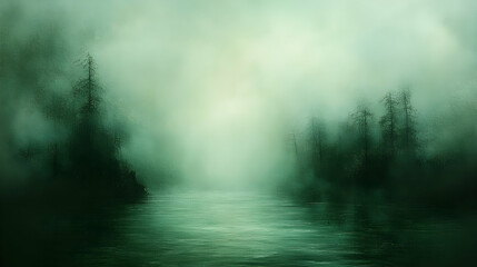 Fototapeta premium Misty lake scene with dark trees and soft light.
