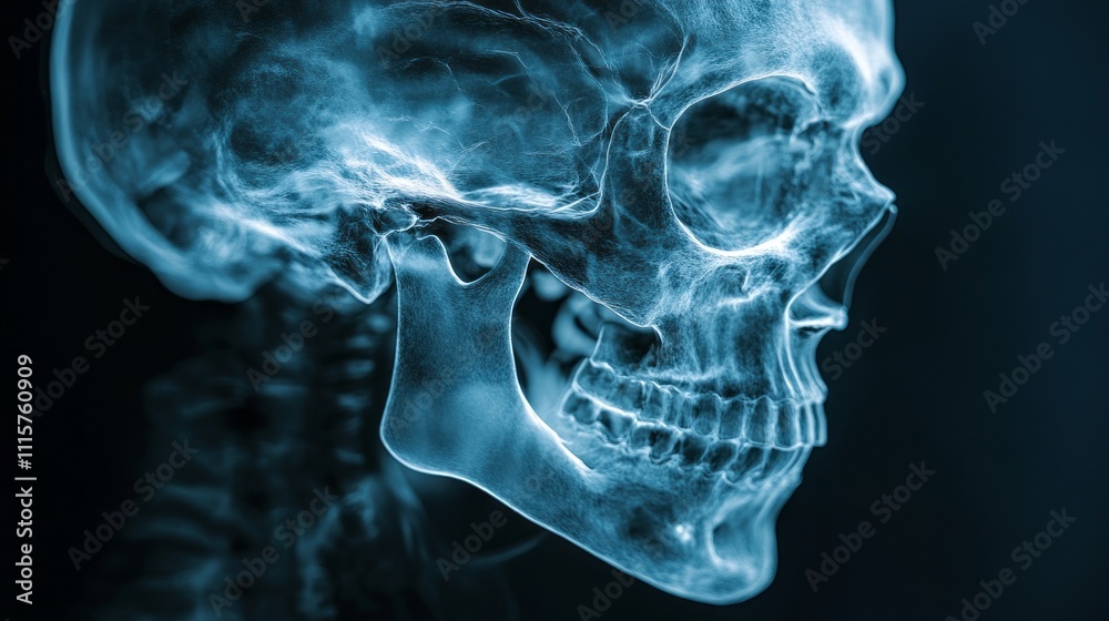 Poster A strikingly detailed representation of a human skull, captured with hyper realism to highlight anatomical precision