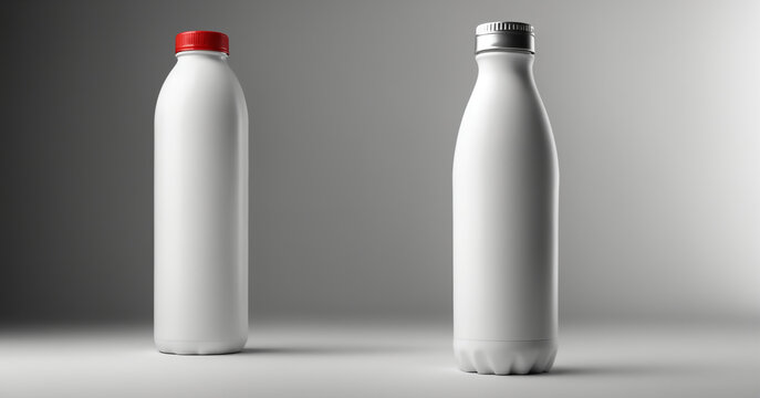 Two white milk bottles, one with a red plastic cap and plain base, the other with a silver cap and curved base.